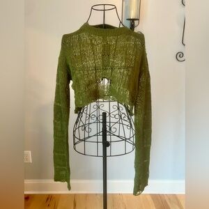 Current Mood Olive Grunge Open-Knit Crop Sweater • Dolls Kill • S/M